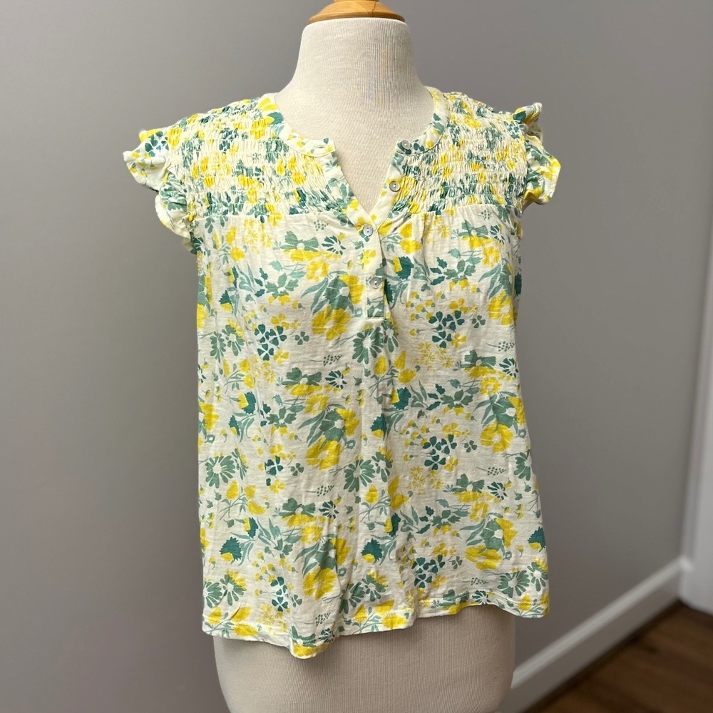 Lucky Brand Lemon Yellow Floral Ruffle Cap Sleeve Top Sz M - Picture 12 of 12